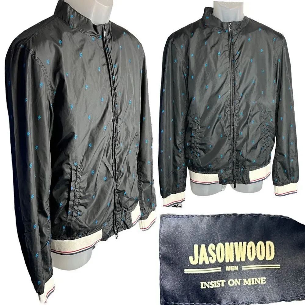 Jasonwood Jacket Men Large Black Full Zip Lightning BoltโLong SleeveโWindbreaker